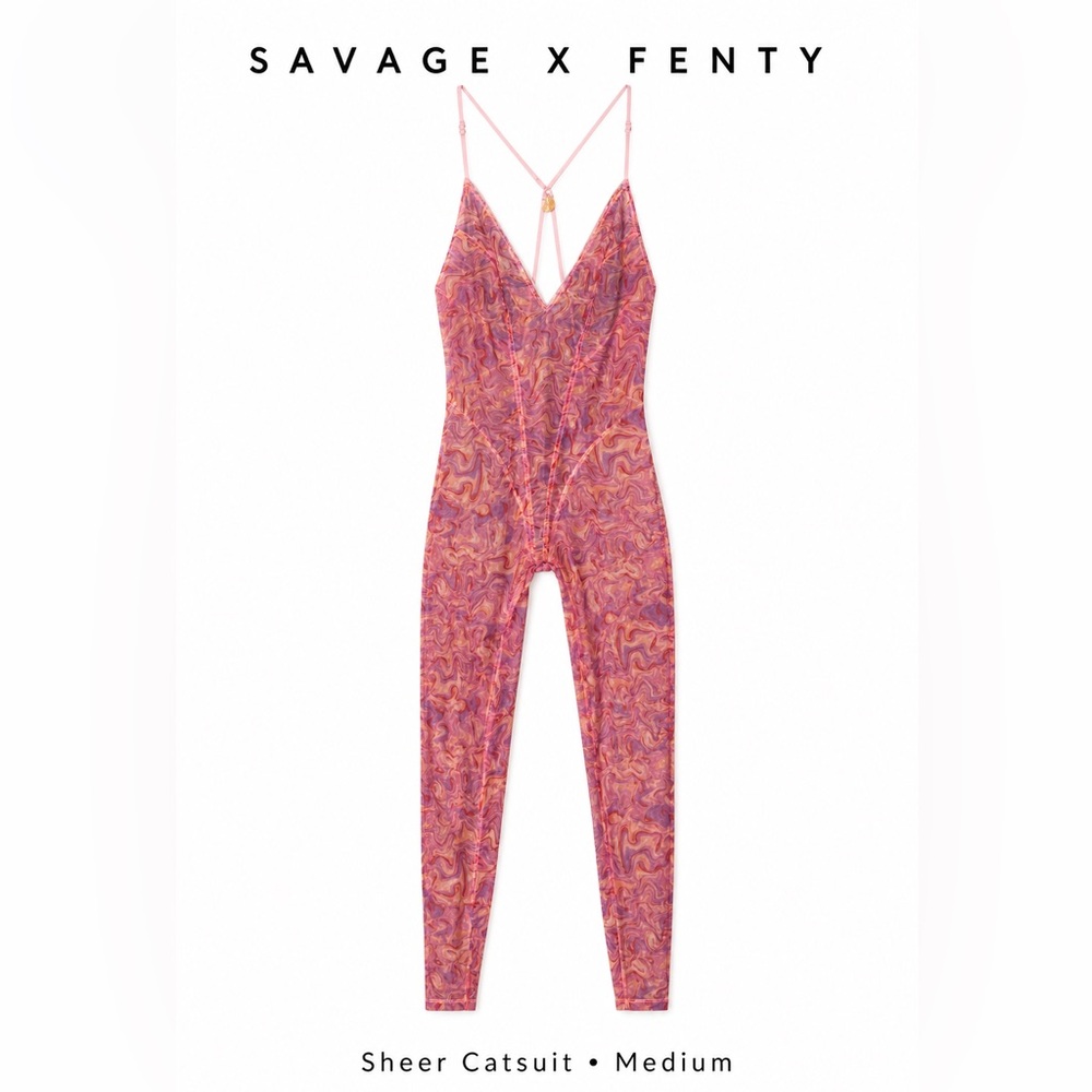 Savage X Fenty Sheer Marble Print Catsuit Bodysuit Pink Medium